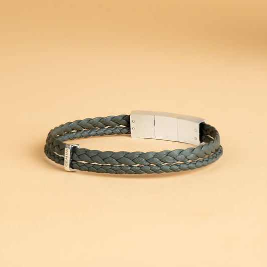 GEMINI Duo Green Italian nappa leather bracelet with silverplated finish