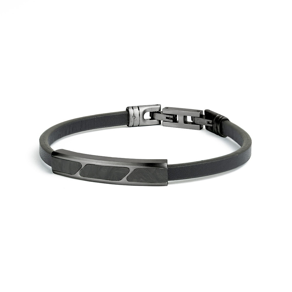 GEMINI Black leather bracelet finished with forged carbon
