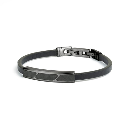 GEMINI Black leather bracelet finished with forged carbon