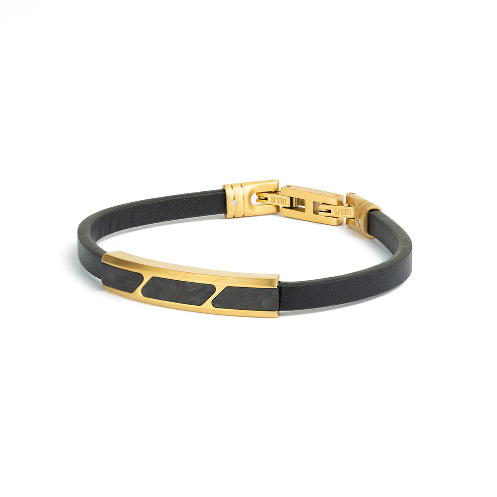 GEMINI Stella Black leather bracelet with gold-plated forged carbon