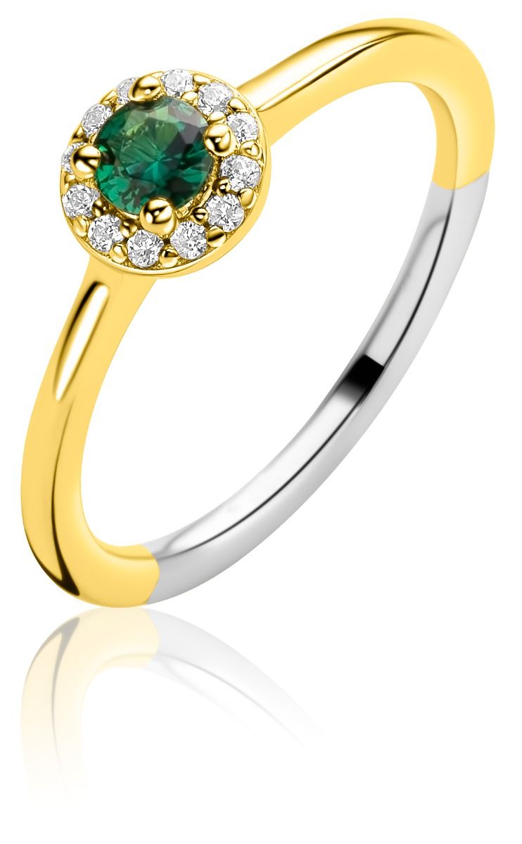 ZINZI gold plated zilveren entourage ring bezet met witte zirkonia's en smaragdgroene kleursteen