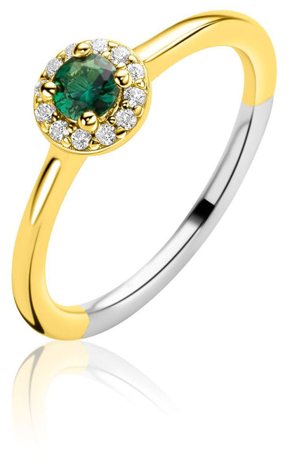 ZINZI gold plated zilveren entourage ring bezet met witte zirkonia's en smaragdgroene kleursteen
