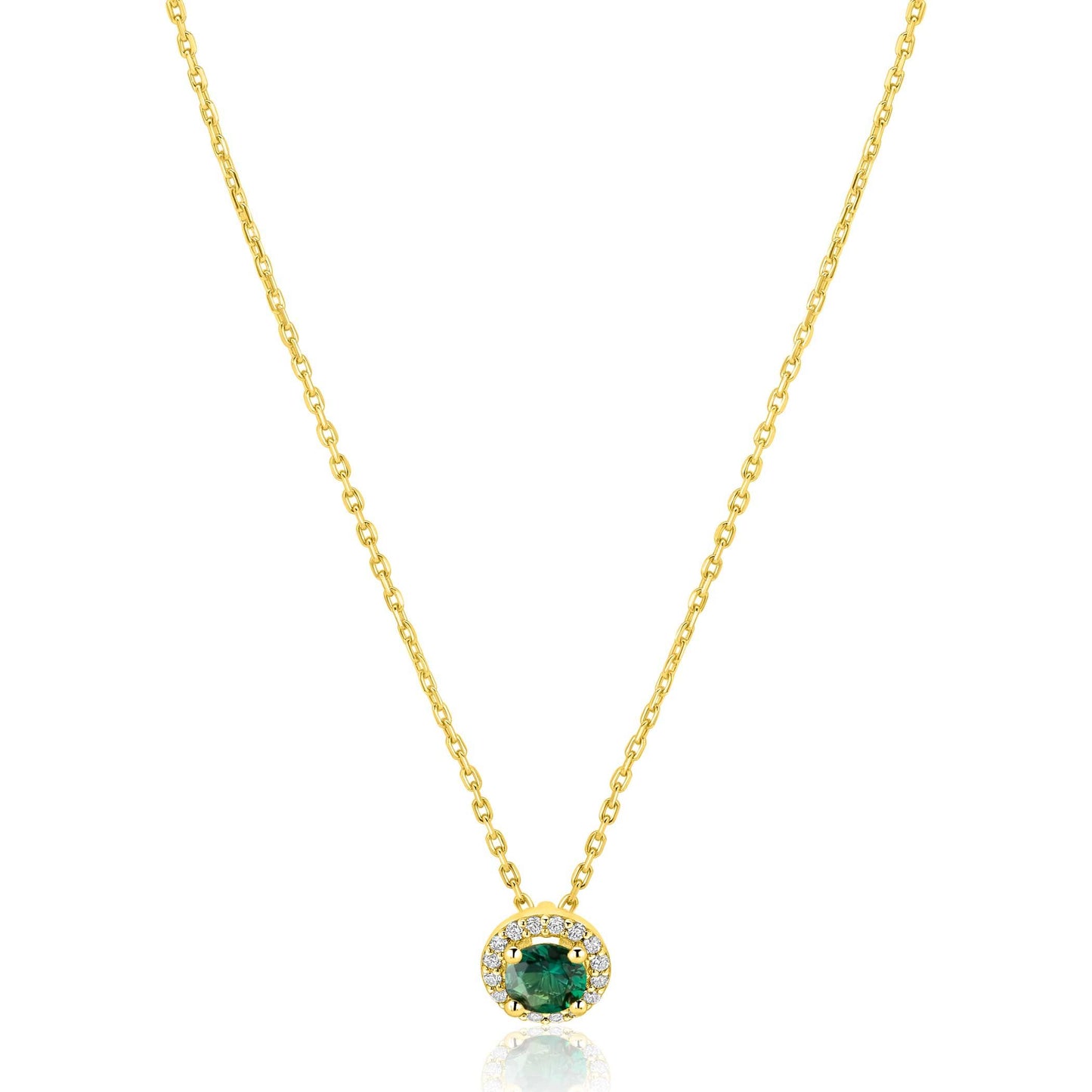ZINZI goldplated zilveren ketting 45cm met smaragdgroene kleursteen in entourage zetting