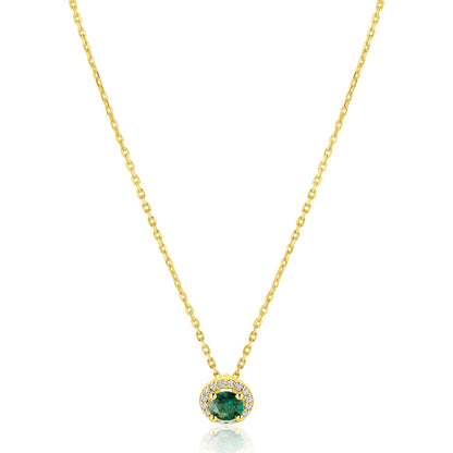 ZINZI goldplated zilveren ketting 45cm met smaragdgroene kleursteen in entourage zetting