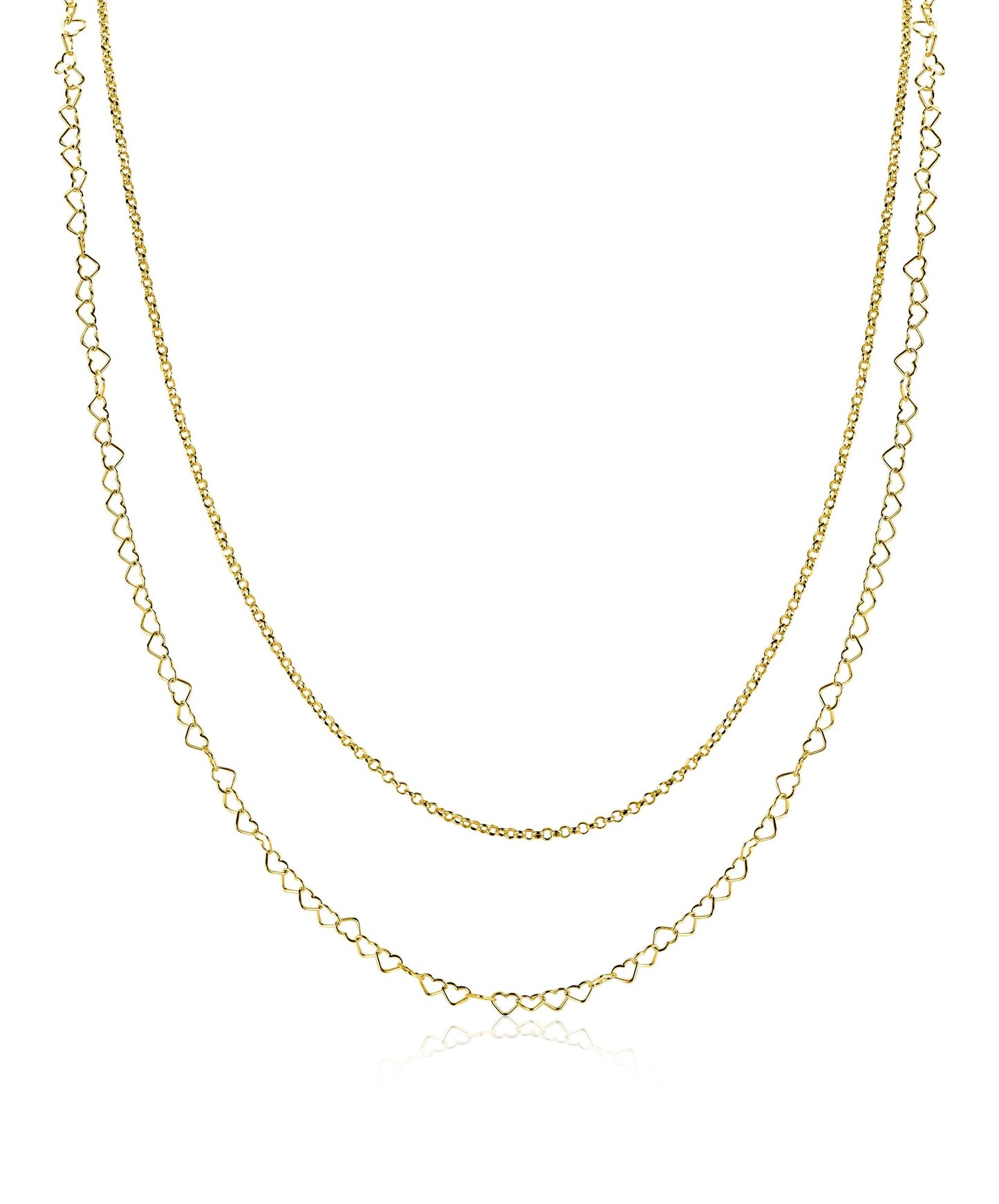 ZINZI goldplated zilveren dubbele schakelketting 40–45cm met fijne hartvormige schakels