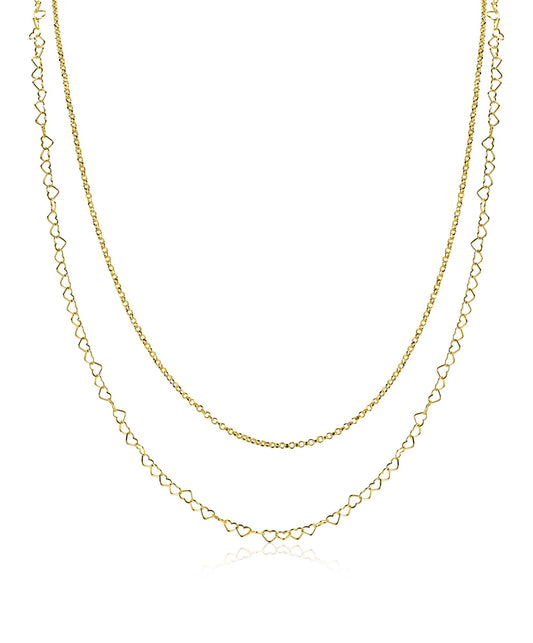 ZINZI goldplated zilveren dubbele schakelketting 40–45cm met fijne hartvormige schakels