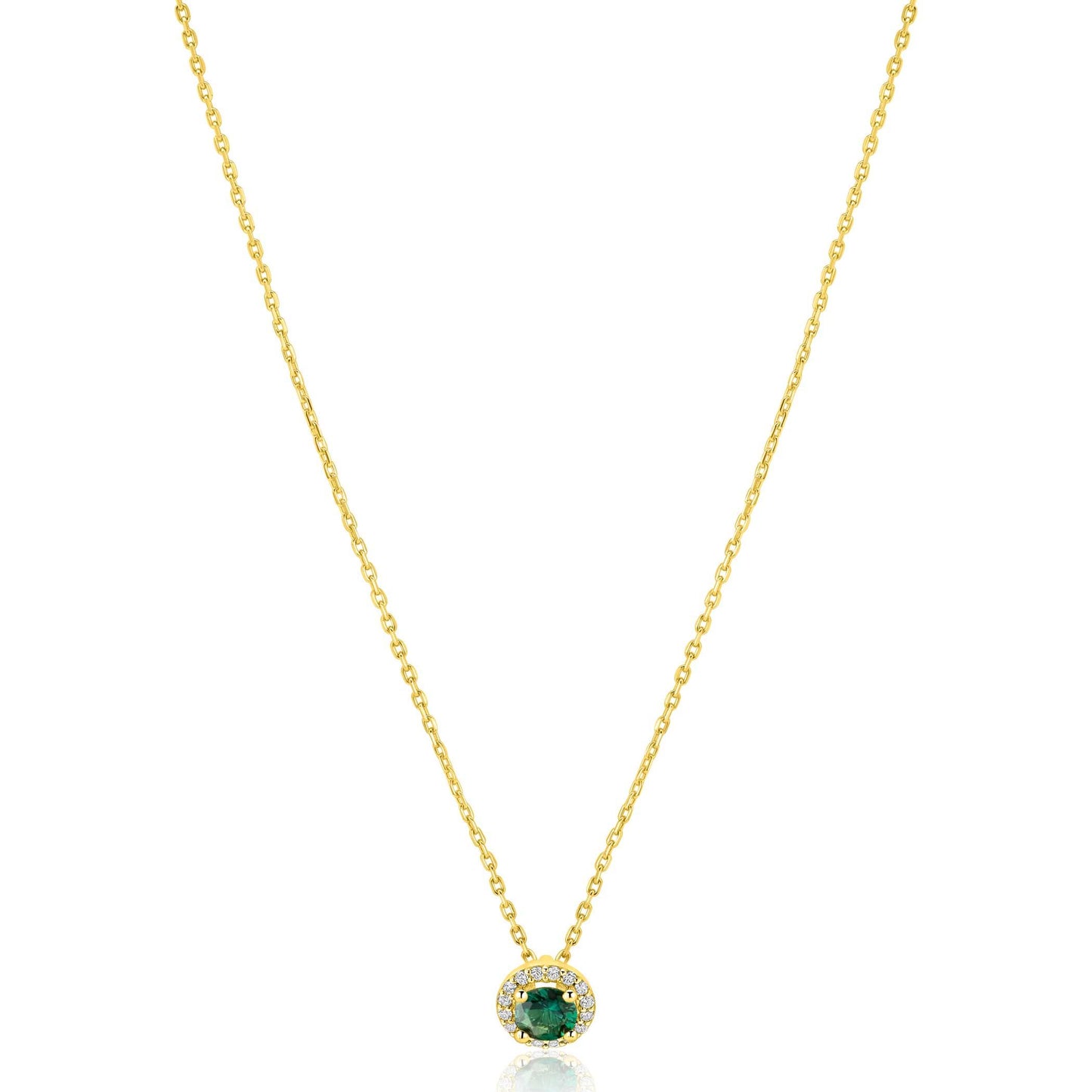 ZINZI goldplated zilveren ketting 45cm met smaragdgroene kleursteen in entourage zetting