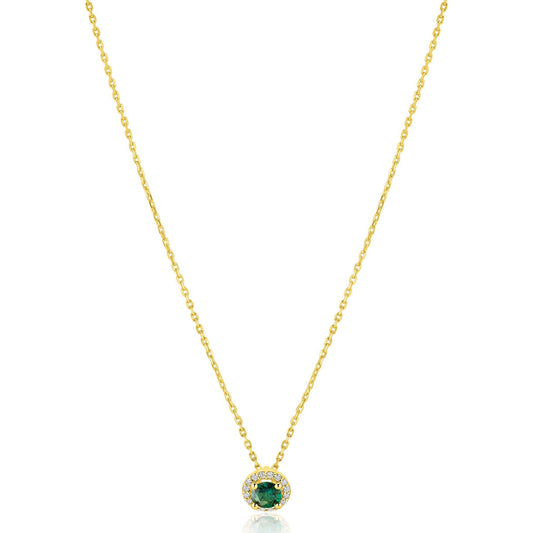 ZINZI goldplated zilveren ketting 45cm met smaragdgroene kleursteen in entourage zetting