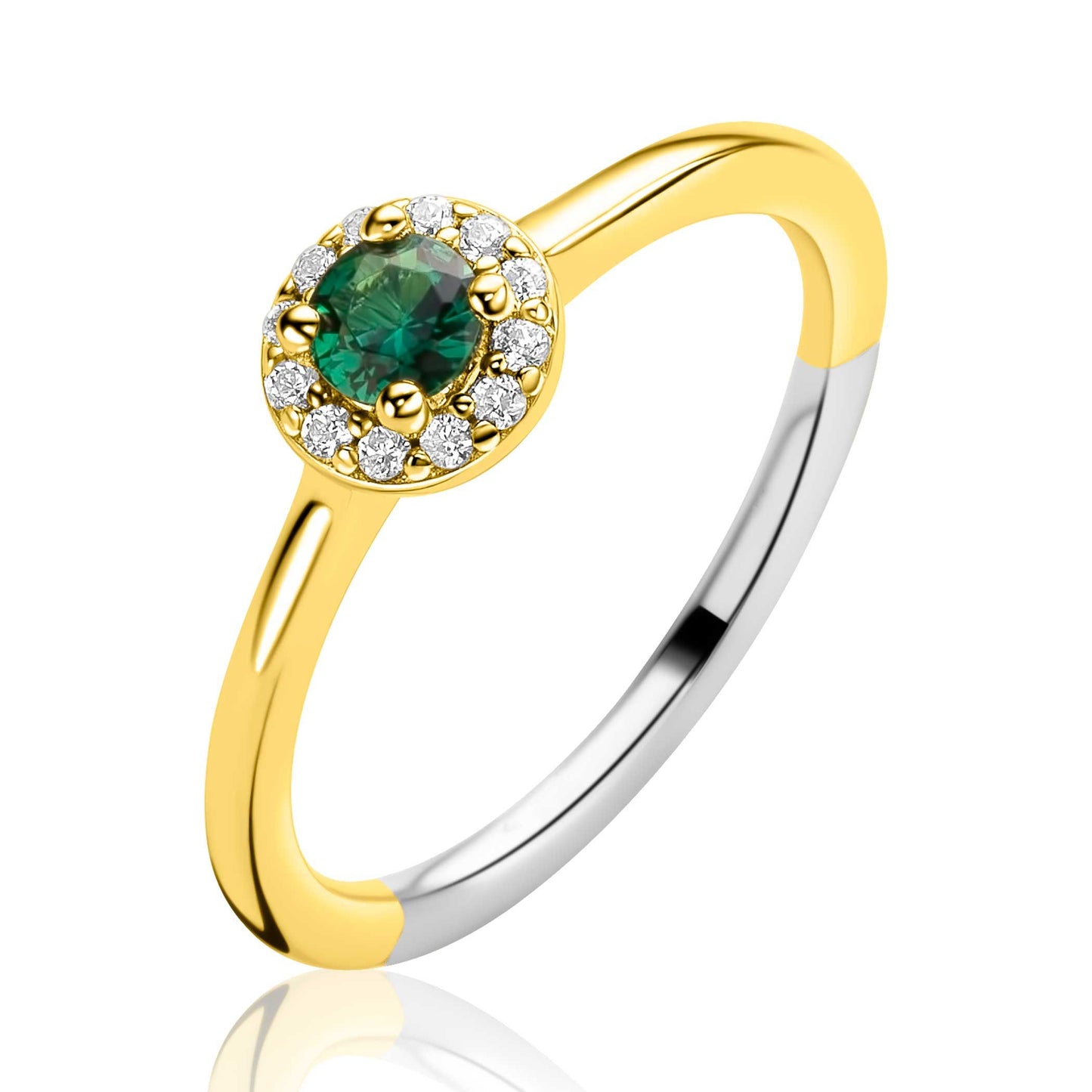 ZINZI gold plated zilveren entourage ring bezet met witte zirkonia's en smaragdgroene kleursteen