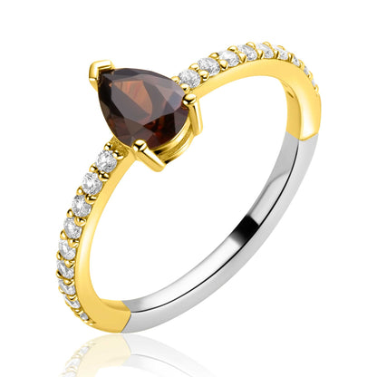ZINZI goldplated zilveren ring met bruine druppelvormige kleursteen en rijzetting bezet met witte zirconia's
