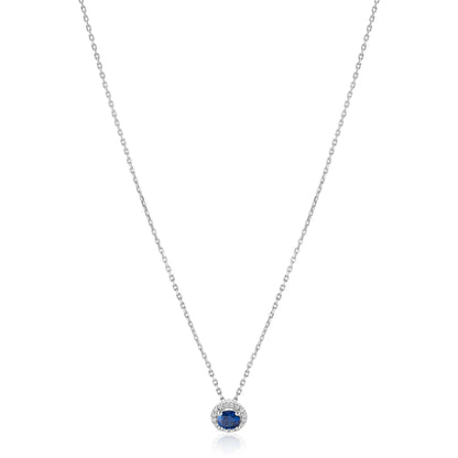 ZINZI zilveren ketting 45cm met saffierblauwe kleursteen in entourage zetting