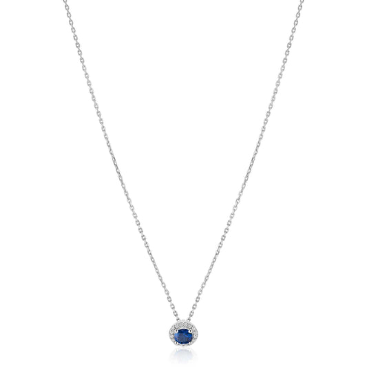 ZINZI zilveren ketting 45cm met saffierblauwe kleursteen in entourage zetting