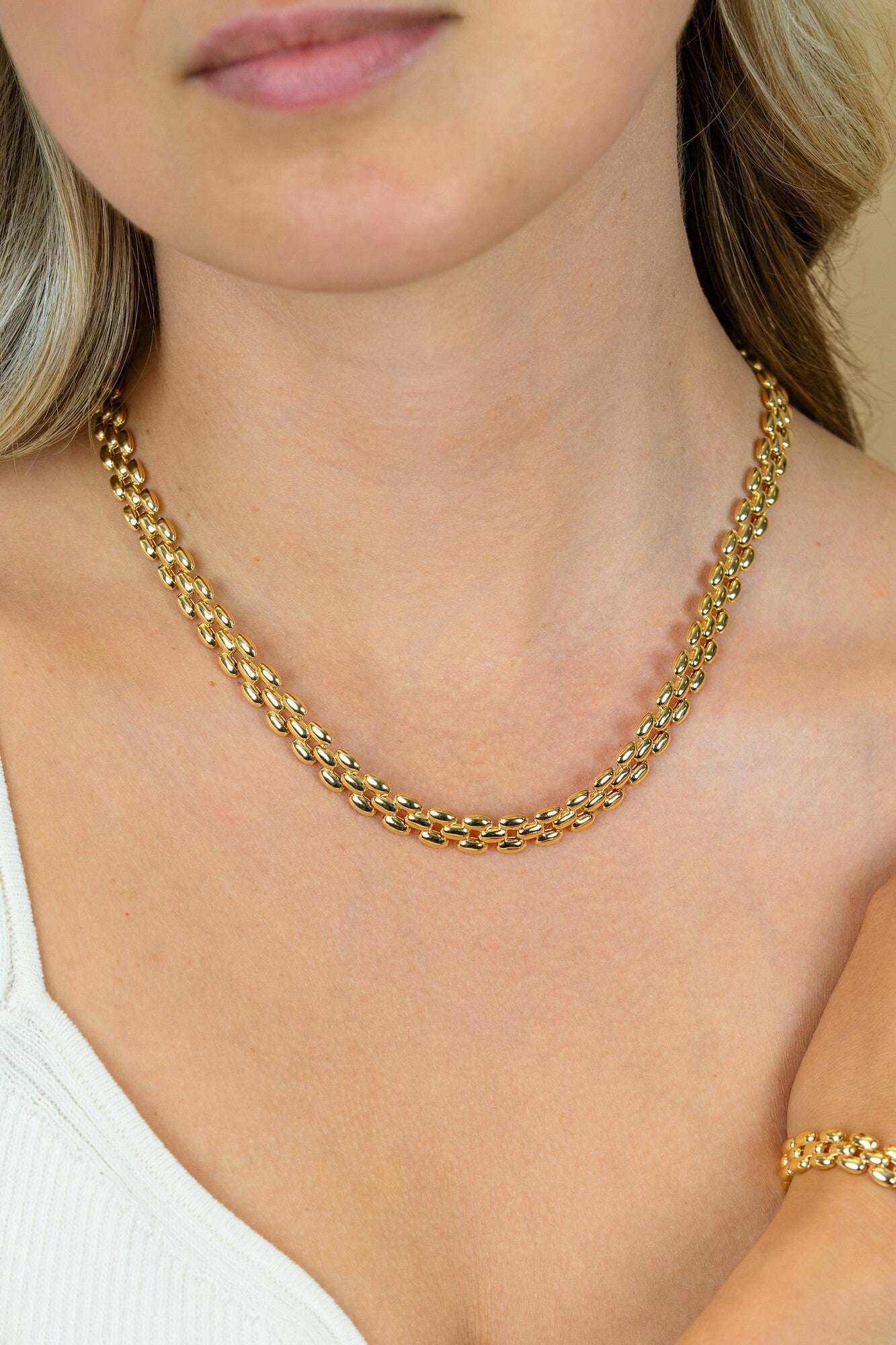 ZINZI gold plated zilveren brede rolex-style schakel-collier 8mm breed 43cm